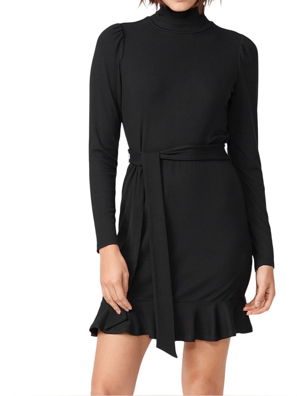NWT PAIGE ‘Marguerite’ Modal Knit Mock Neck Belted Mini Dress in Black Sz Small